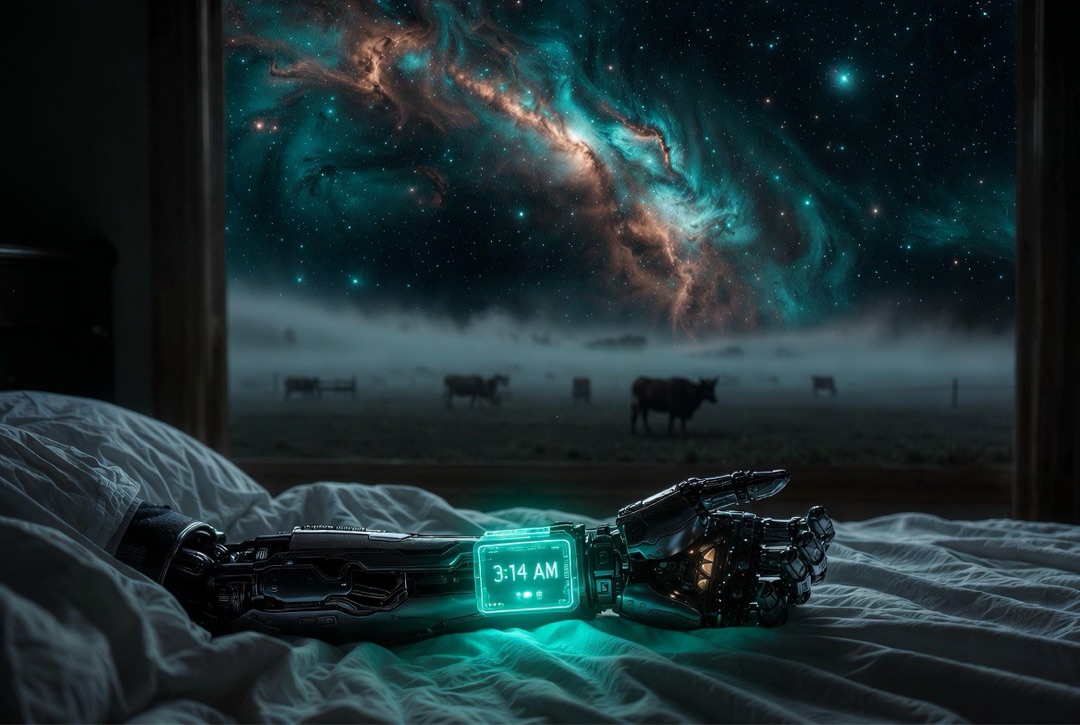 Cybernetic arm on bed displaying 3:14 AM