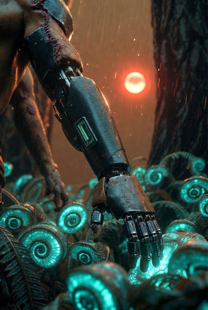 Cybernetic arm touching bioluminescent ferns in rain