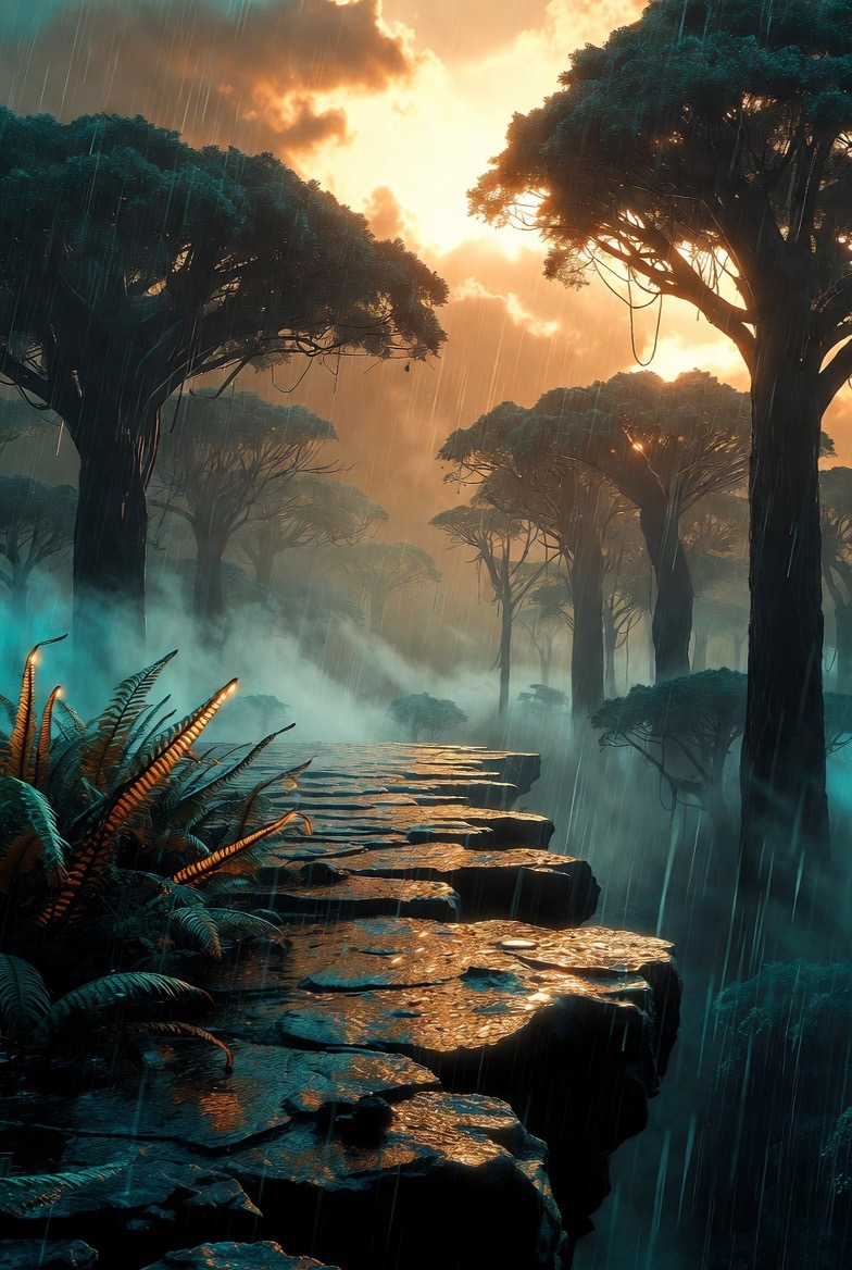 Stone path through alien forest in rain