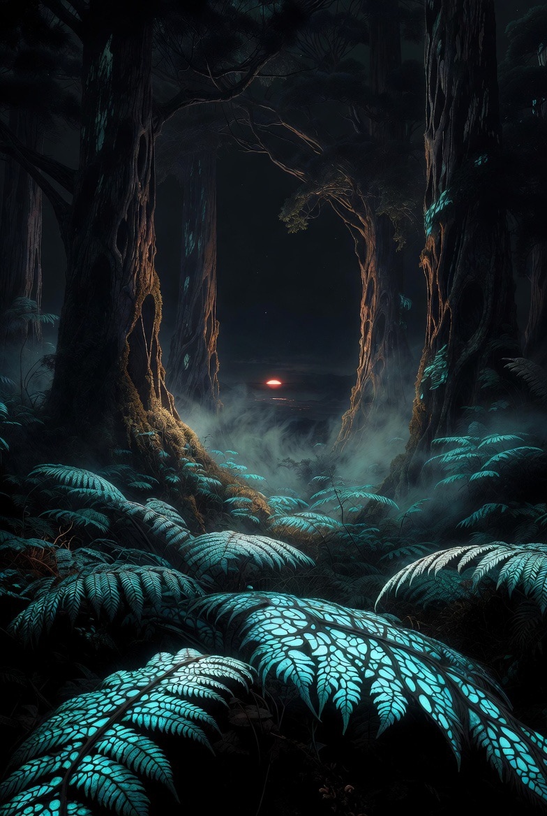 Deep forest with bioluminescent ferns