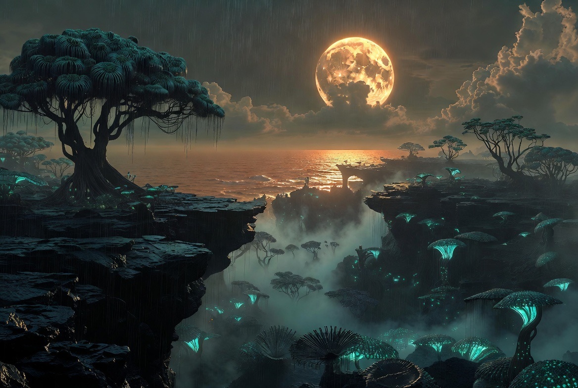 Alien landscape with bioluminescent flora