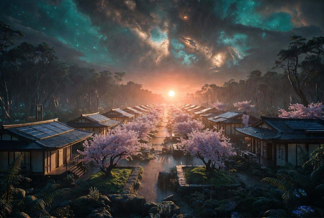 Japanese colony with cherry blossom trees and solar panel roofs on alien planet