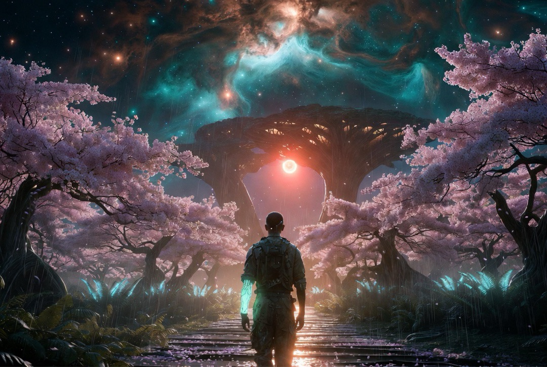 Figure walking through cherry blossoms on alien world