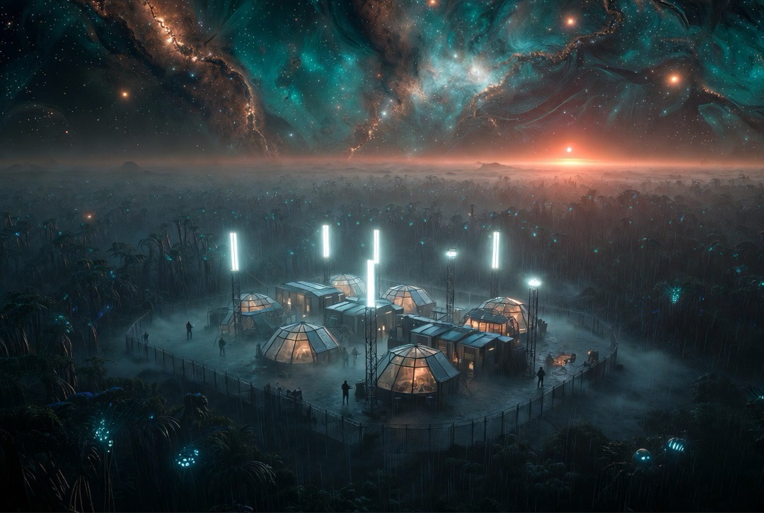 Domes, light towers, ferns, rain, red dwarf at night