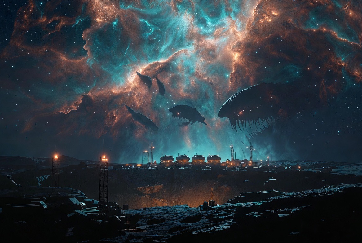Colony domes with creature silhouettes in nebula sky