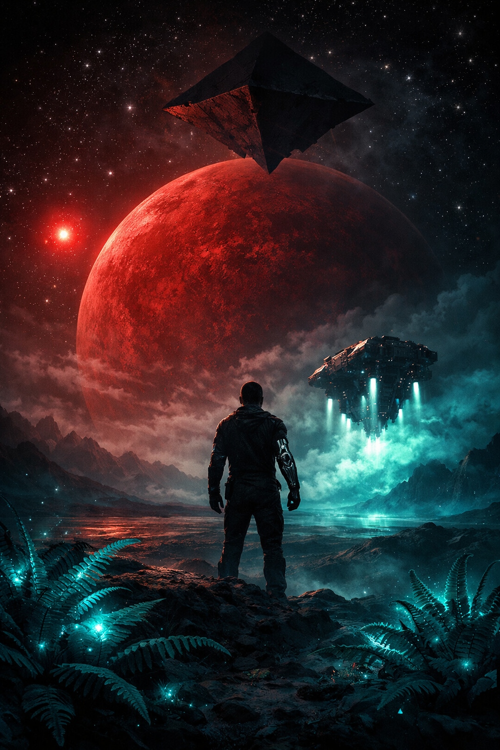 2121: EXODUS book cover — cybernetic arm reaching through glowing ferns under a red sun