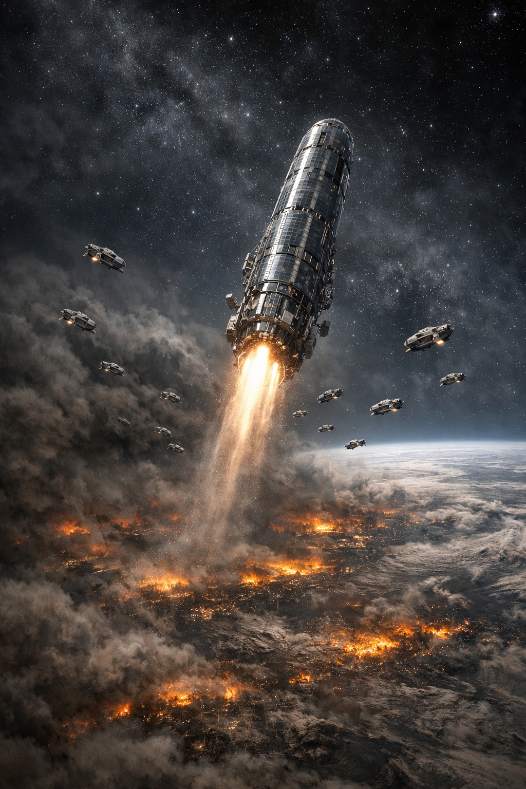 Colony ship launching from burning Earth, fleet in orbit