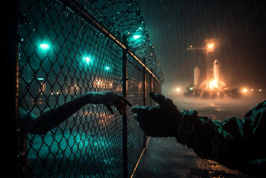 Hands reaching through chain-link fence