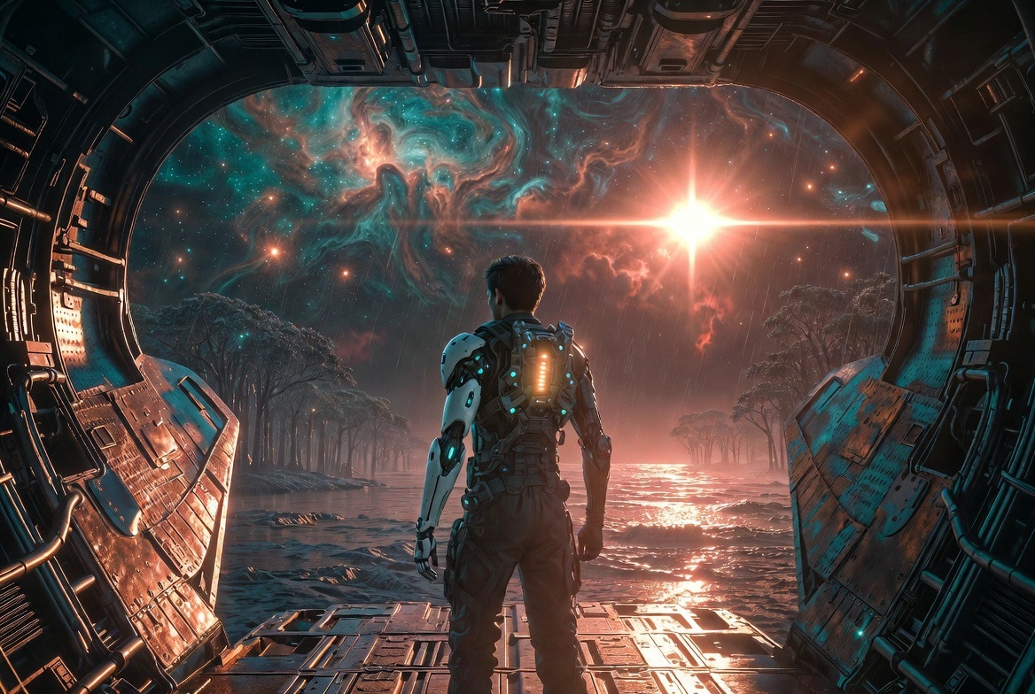 Theo from behind stepping into alien forest