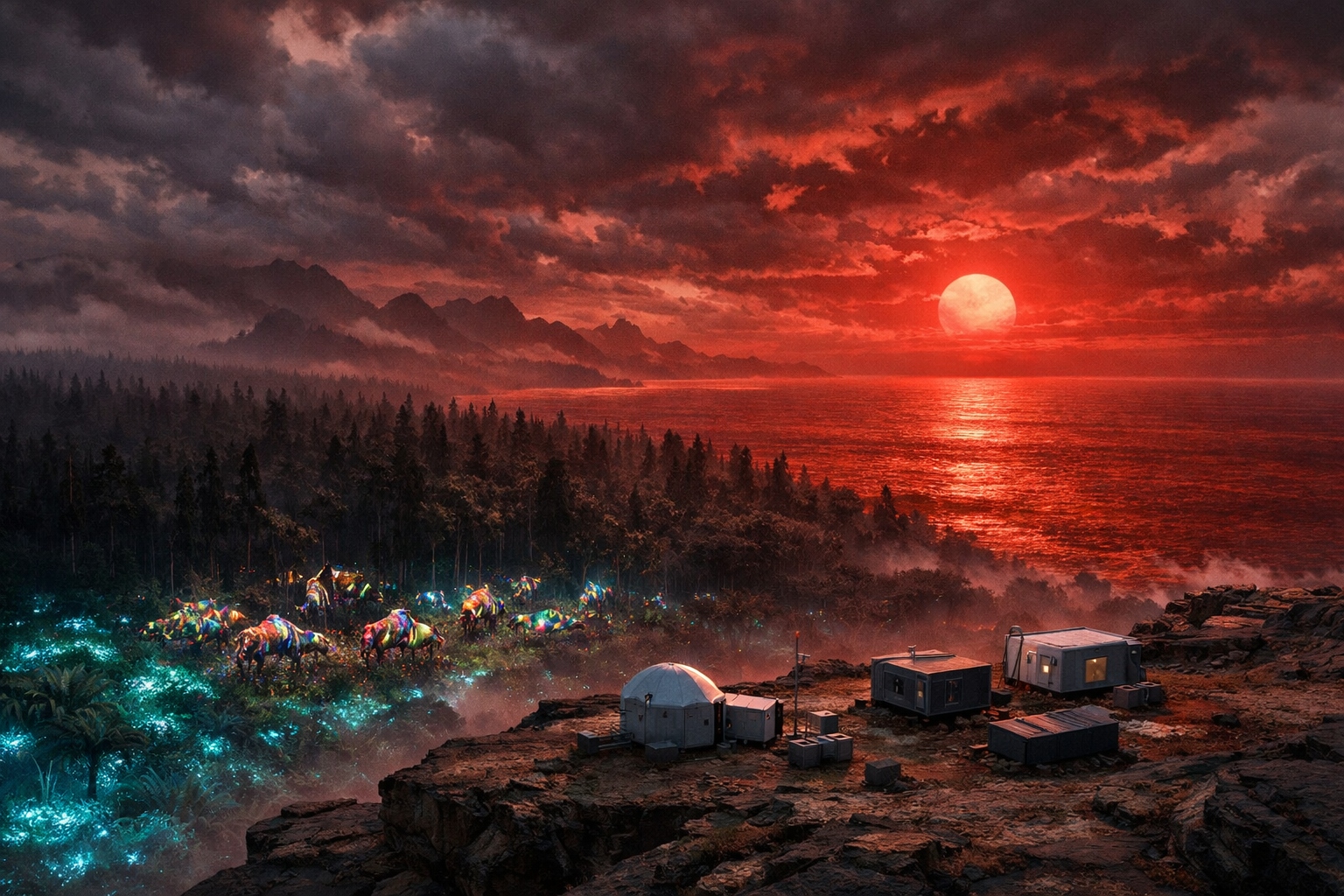 Colony on alien world with bioluminescent ferns