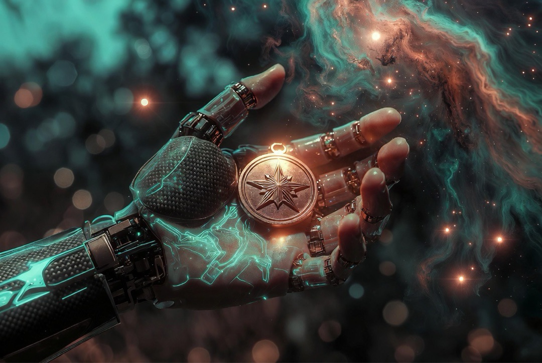 Star medallion glowing in cybernetic hand