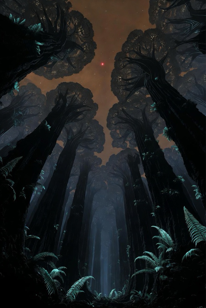 Massive dark alien trees with red star above