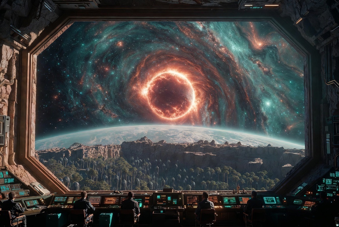 Station above planet from bridge window