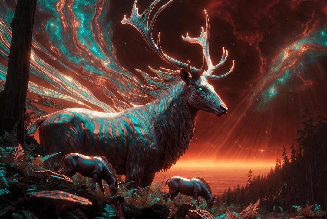 Prismhoof with two calves grazing in fern field