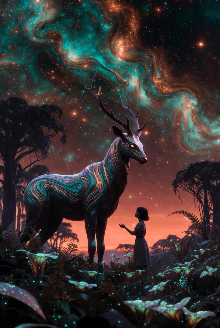 Luna reaching up to a towering Prismhoof in bioluminescent ferns