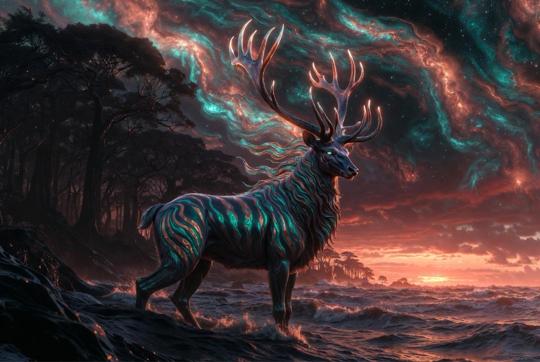 Prismhoof on rocky shore with red ocean and teal nebula