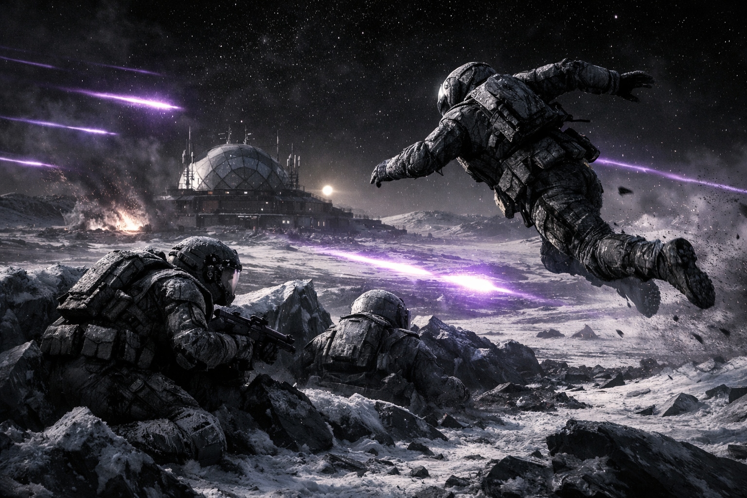 Soldiers in combat on Mars ice with violet plasma fire