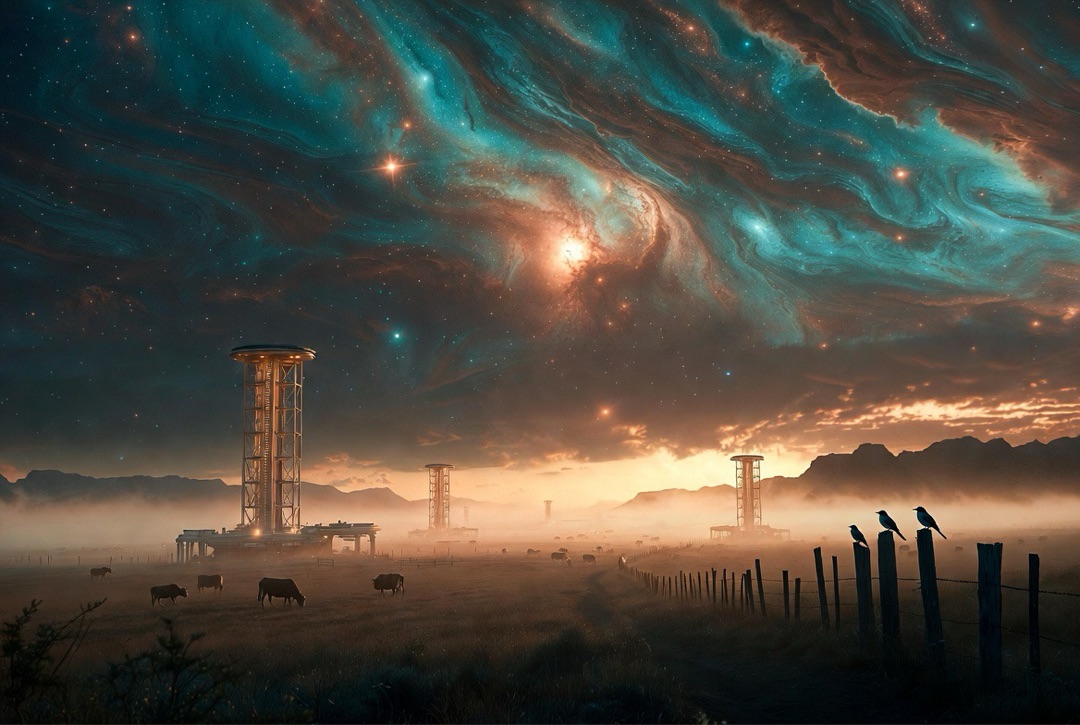 Vertical farms, cattle grazing, birds in flight at dawn