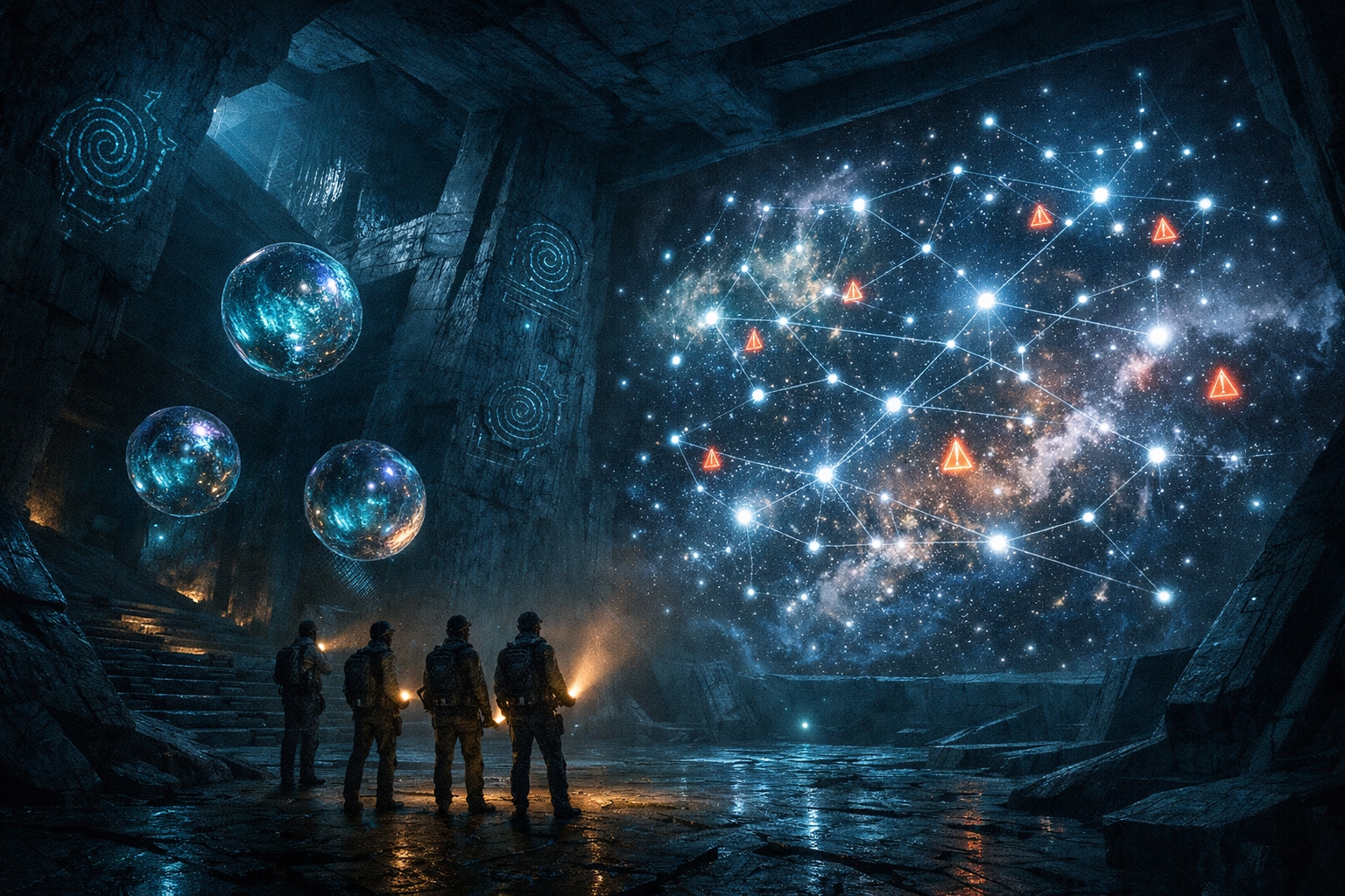 Squad in underground alien chamber with floating orbs