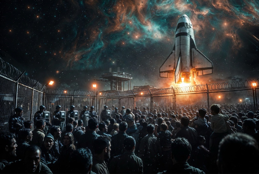 Crowd at fences, biometric stations, shuttle boarding