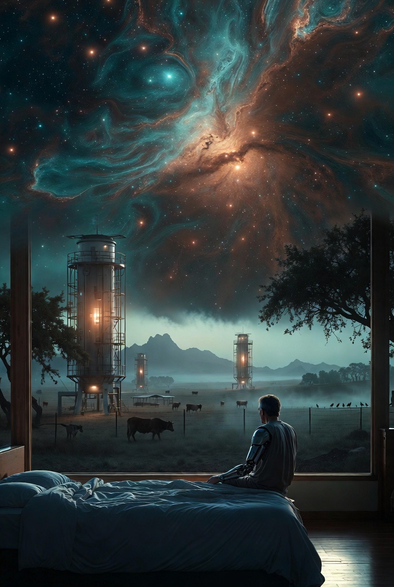 Theo on bed edge looking out at ranch at dawn