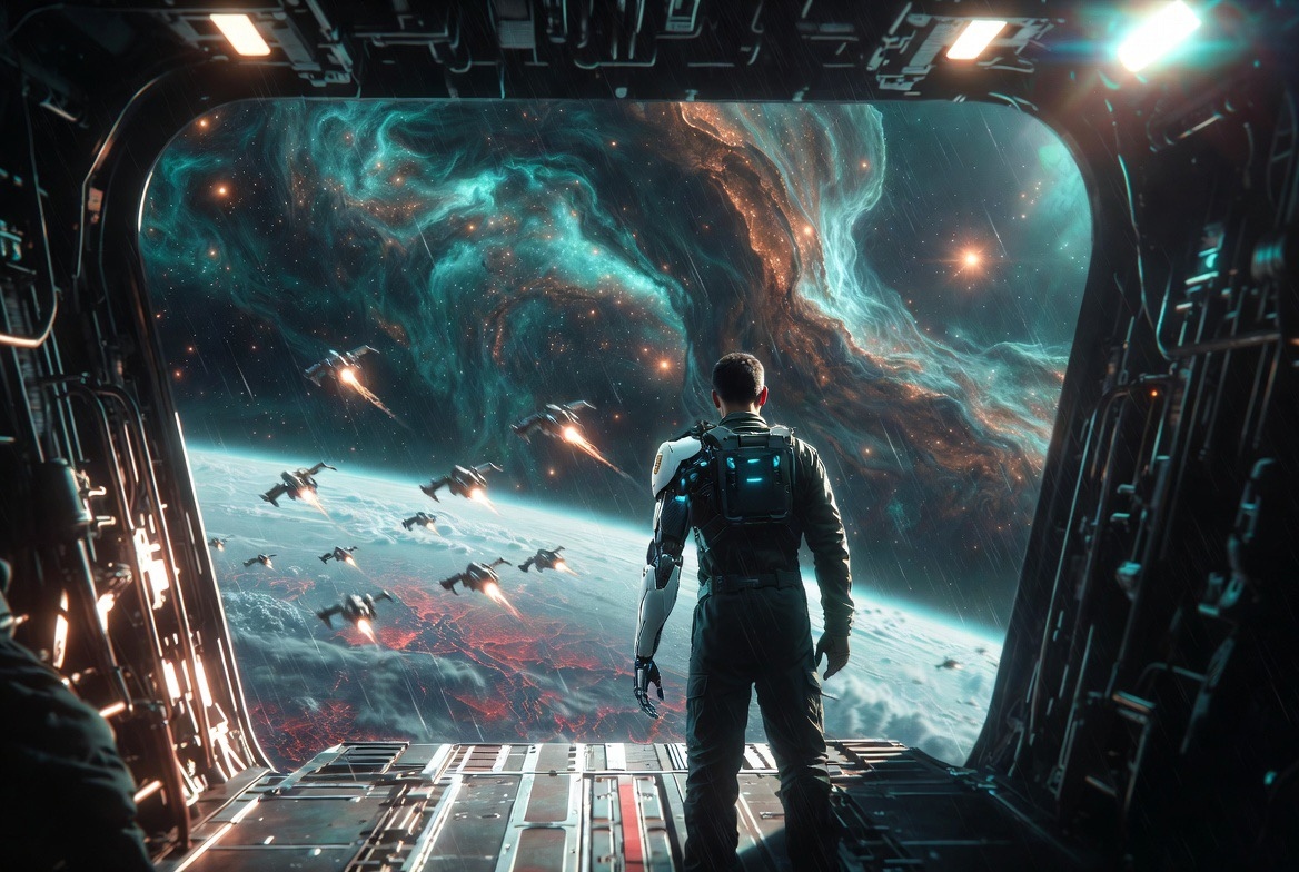 Theo from behind in cargo bay, fleet deploying over burning Earth