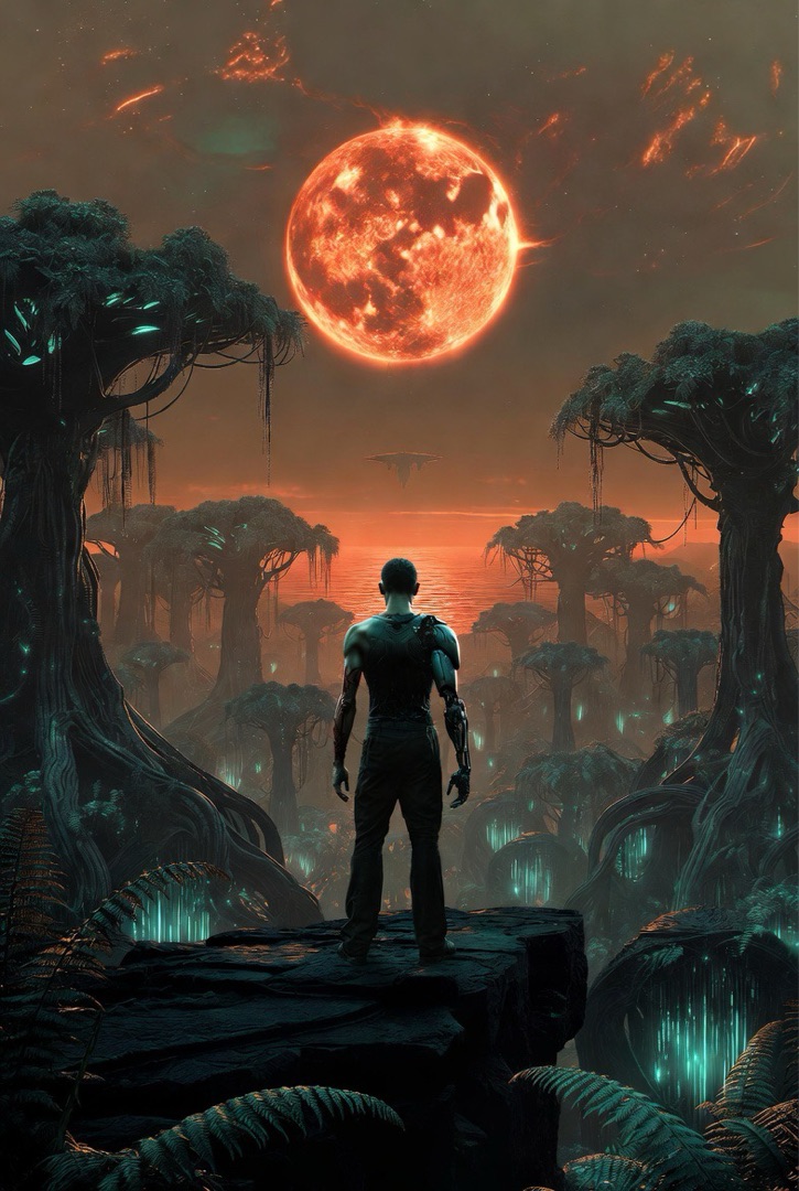 Theo overlooking alien forest with red star above