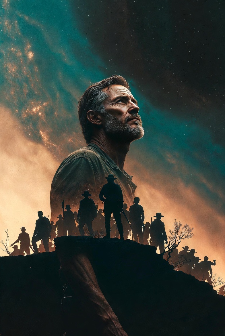 Theo's silhouette against teal and amber sky with settlers